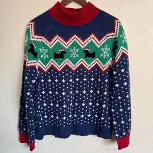 99 Jane Street Scottie Dog Holiday Sweater Chenille Trim Navy Blue Medium